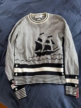 Thom Browne Navy & White Striped Sailboat Knit Sweater